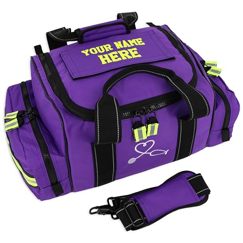 Lightning X Custom Embroidered Trauma Kit & Large EMT Bag w/ 250+ First Aid Supplies & Customized Name Patch | Purple