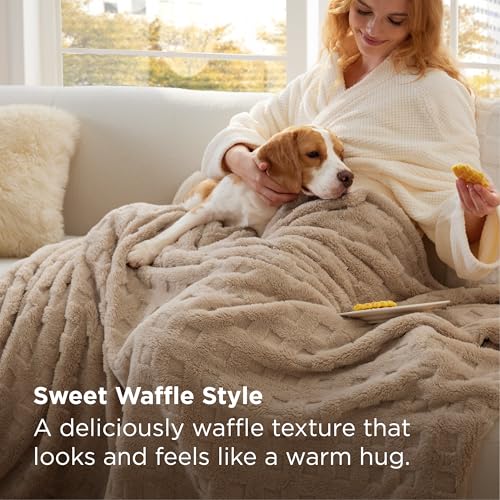 Bedsure Tan Throw Blanket for Couch - GentleSoft Fleece Cozy Waffle Blanket for Sofa Bed Room Decor, Super Fluffy Checkere...