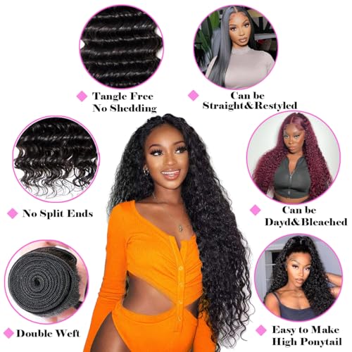 Human Hair Deep Wave Bundles with Closure 12 14 16+10 Inch Curly Weave Bundles Human Hair with 4x4 Lace Closure 12A Brazilian Remy Hair Pre Plucked with Baby hair Extensions for Black Women