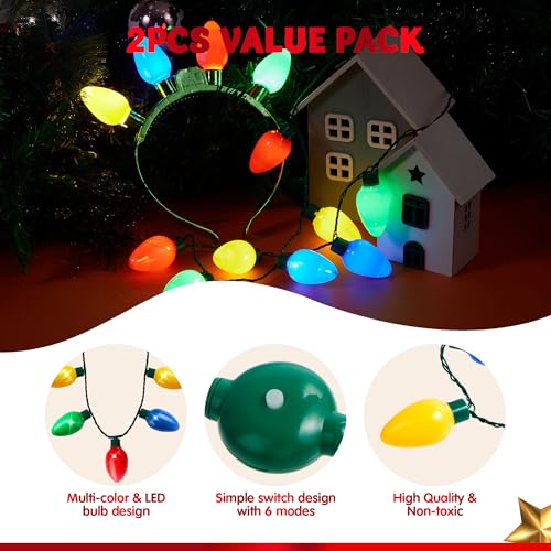 JOYIN 6 Pcs Christmas Light Up Headband and Necklace with 6 Flashing Modes, LED Christmas Bulb Lights Necklace Headband fo...
