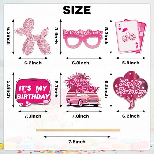 30Pcs Pink Girl Birthday Photo Booth Props with Sticks,Hot Pink Girls Birthday Party Decoration Supplies for Girls Women D...