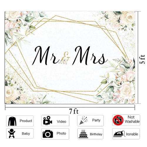 Mr & Mrs White Floral Bridal Shower Backdrop Mr Mrs Wedding Theme Photo Backgrounds 7x5ft Wedding Bride to Be Engagement P...