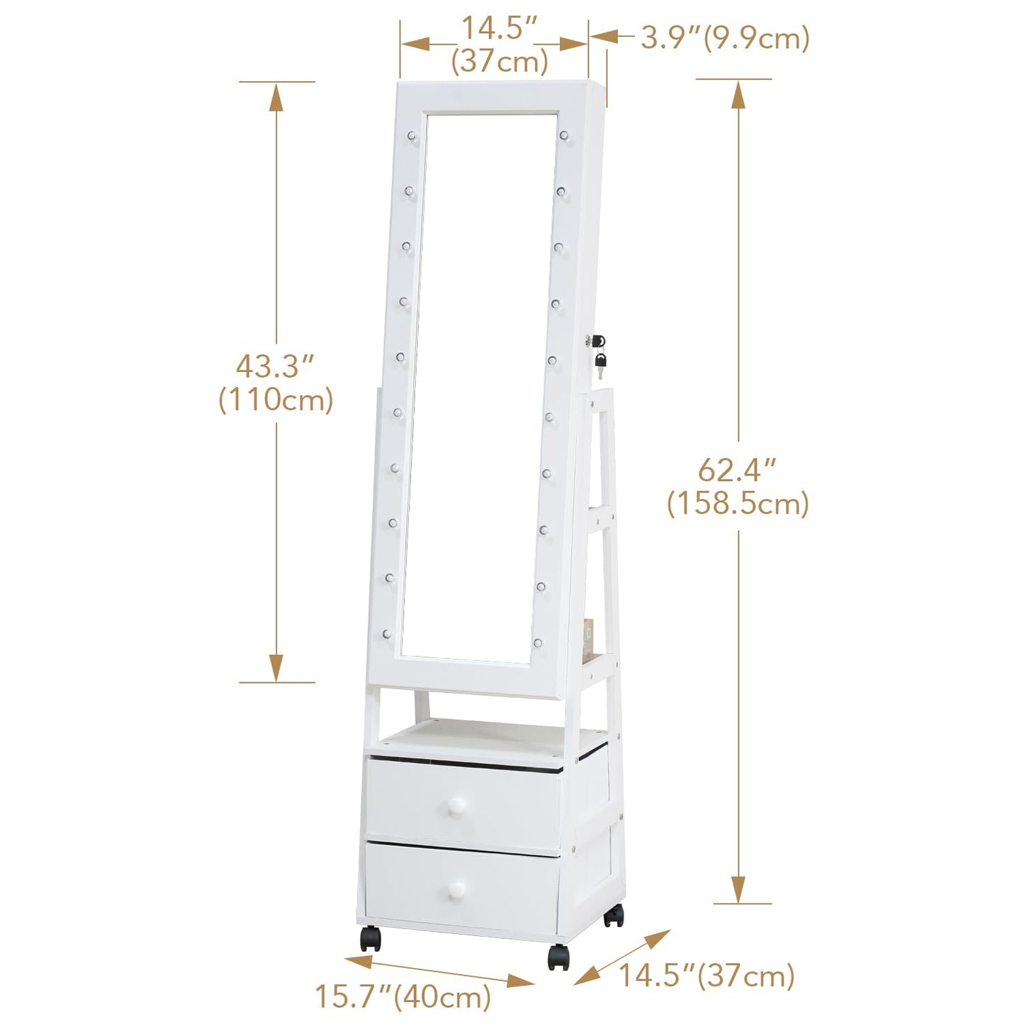 MASMIRE Jewelry Armoire Cabinet Organizer Standing with 20 LED Lights Lockable Full Length Mirror with Storage Shelves and 2 Drawers (White) Adjustable Tilt Angles Gift for Her