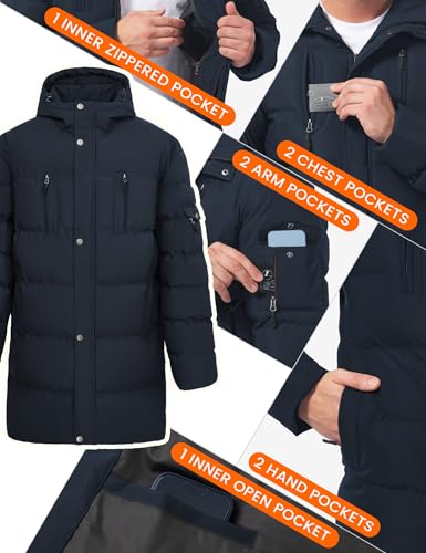 LZACTOIN-X Men's Long Winter Coat Thicken Insulated Waterproof Puffer Jacket Two-Way Zipper Hooded Windbreaker Parka