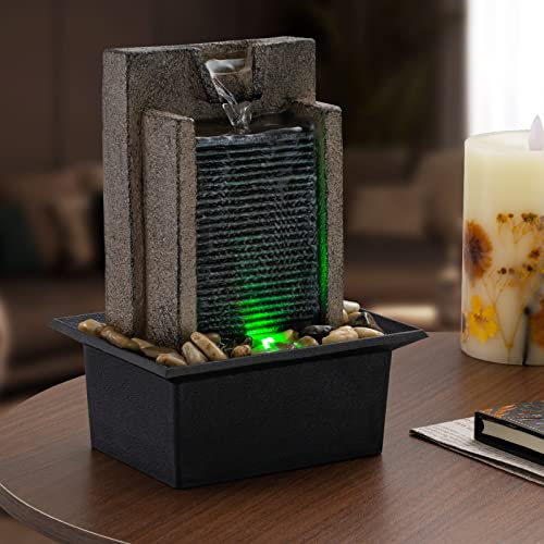 Amootek Tabletop Fountain Relaxing Tabletop Waterfall Fountain with Natural River Rocks & Color-Changing LED Lights - Indo...