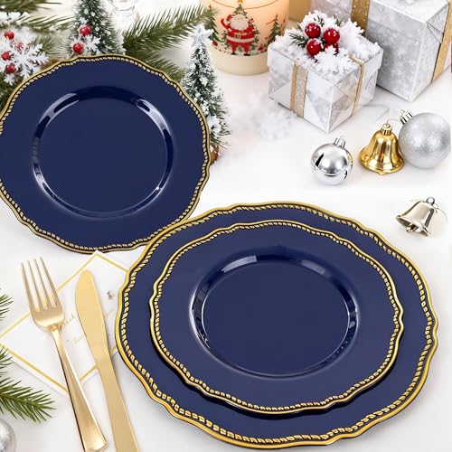 Hioasis 175pcs Blue Gold Plastic Plates - Gold Plastic Dinnerware Set Includes 25 Dinner Plates, 25 Dessert Dinnerware, 25...