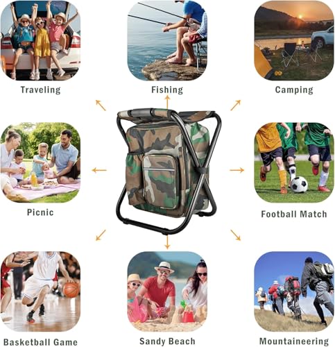 Kikerike Folding Stool Backpack Insulated Cooler Bag, Collapsible Camping Hunting Fishing Multifunction Chair with Front P...