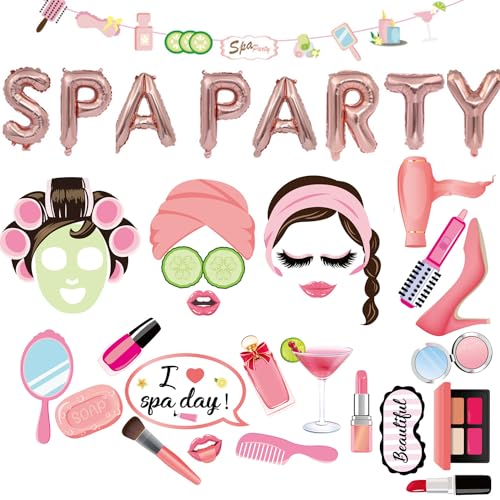 34 Pcs Spa Party Supplies, 25 Pcs Spa Party Photo Booth Props with Sticks 16 inch Aluminum Foil Balloons Banner for Girls ...