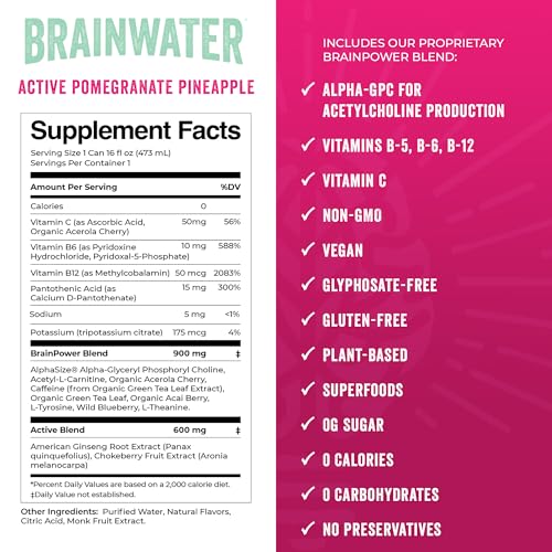 BrainWater Active, Water for Clean Energy, Workout & Focus Support, Gluten Free, Zero Sugar Drinks with Alpha GPC, Vitamin...
