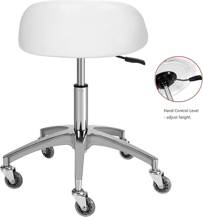 Rolling Salon Stool Chair with Back Support - Height Adjustable Hydraulic Stool with Wheels - Heavy Duty Swivel Stools 400lb Capacity for Home Salon Facial Spa Massage Clinic and Work Bench (White)