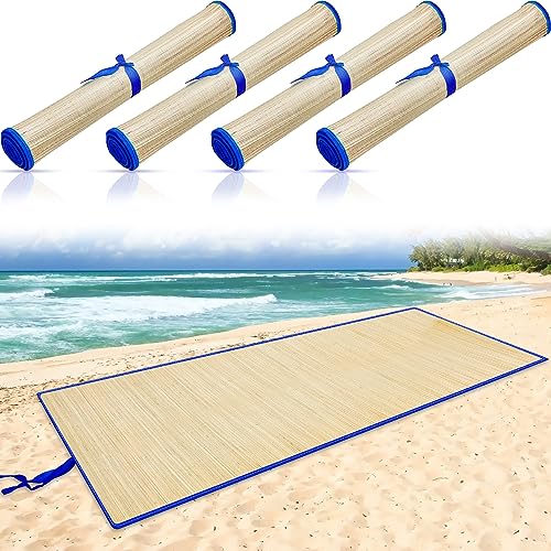 Qunclay 4 Packs Straw Beach Mat Waterproof Non Slip Straw Mat Foldable Lightweight Picnic Mat with Trim for Camping Sunbat...