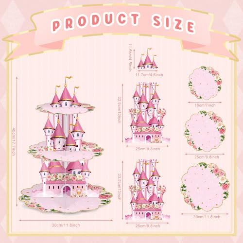 Zopeal 3 Tier Princess Birthday Cupcake Stand Party Decorations Floral Princess Cupcake Holder Pink Castle Crown Carriage ...