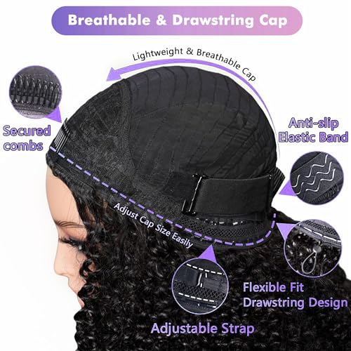 Kinky Curly Half Wig Human Hair 180% Density 3 In 1 Seamless Flip Over Half Wigs Human Hair Glueless Wear and Go Beginner Friendly 18 Inch Drawstring Headband Wig Human Hair for Women Natural Black