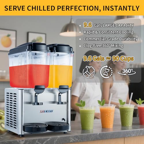 FSKEKU Dual-Tank Commercial Beverage Dispenser, 36L (9.5 Gal) Total, Black Refrigerated Juice Drink Machine, Stainless Ste...