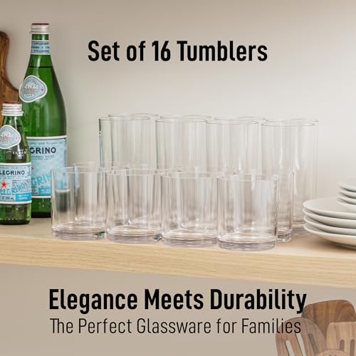 Zulay Kitchen Acrylic Plastic Glasses Drinkware - 16 Piece Unbreakable Drinking Glasses - BPA-Free, Reusable Plastic Tumbl...