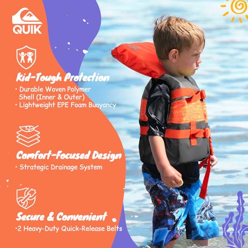 QUIKSILVER USCG Approved Life Jacket for Youth/Kids/Infant, Lightweight EPE Foam Type III PFD with Quick-Release Buckles, ...