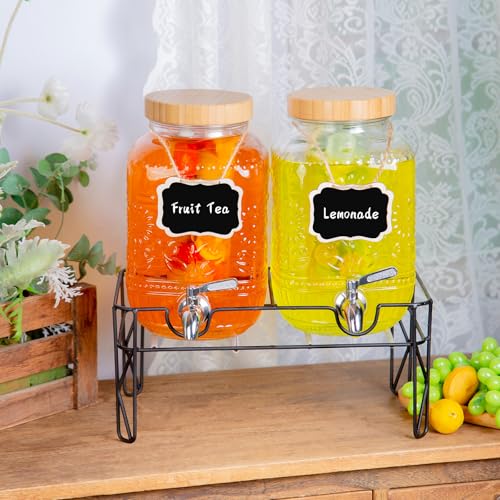 2-Pack1Gallon Glass Drink Dispensers for Parties,Beverage Dispenser with Stainless Steel Leakproof Spigot/Stand/Bamboo Lid...