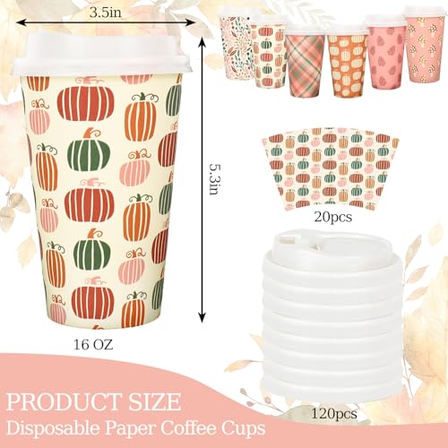 FYSUIMU 120 Sets Boho Fall Disposable Coffee Cups with Lids 16Oz Pumpkin Leaves Mushroom Drinking To Go Cup 6 Designs Pape...