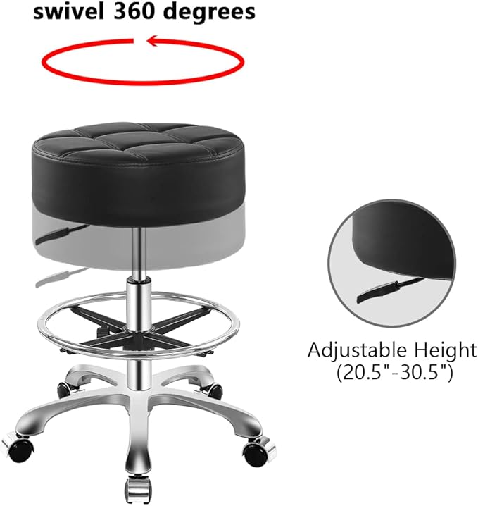 Ainilaily Rolling Stool for Shop Work Medical Tattoo Salon Lash,Heavy Duty Esthetician Hydraulic Chair Stool with Wheels (Black,with Foot Rest)