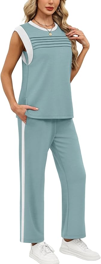 WIHOLL 2 Piece Sets for Women Summer Lounge Sets Travel Vacation Outfits Cap Sleeve Sweatsuit Side Slit Wide Leg Pants S-3XL