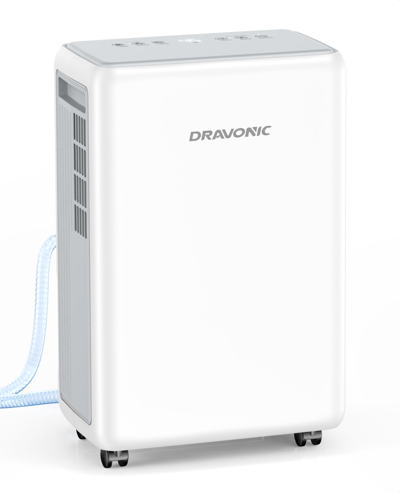 Dravonic 30 Pints Dehumidifier for Basement, 2000 Sq.Ft Dehumidifiers for Home with 3.3ft Continuous Drain Hose, 3 Modes Dehumidifier for Bathroom, Real-Time Humidity Display & Smart Control