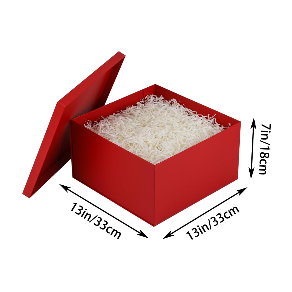UoeRing 1Pcs Red Extra Large gift box with lids 13×13×7 Inches gift boxes for presents,Birthday Box (include Ribbon, Paper Shred Filler Gift Card & Envelopes)
