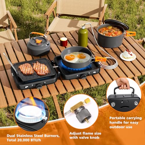 Hisencn Camping Stove,2 Burner Propane Stove,20000 BTU/h Camping Cooking set Includes Frying Pan,Kettle and Pot,Adjustable...