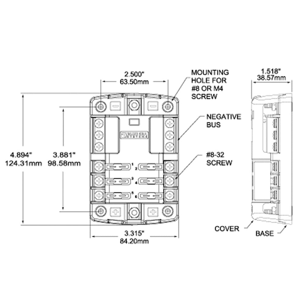 Blue Sea Systems 5025 ST Blade Fuse Block 6 Way Circuits with Negative Bus and Cover, 100 Amps