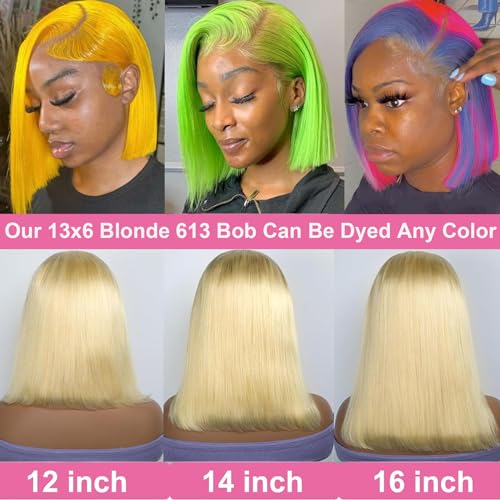 Blonde 613 13x6 Lace Front Bob Wig Human Hair Straight Transparent Lace Frontal Wigs Pre Plucked with Baby Hair 180 Density Brazlian Remy Glueless Lace Short Wigs for Black Women