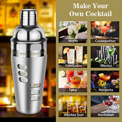 Cocktail Shaker Martini Shaker Set with Recipe, 24 oz Martini Shaker Drink Shaker Drink Mixer Stainless Steel Cocktail Sha...
