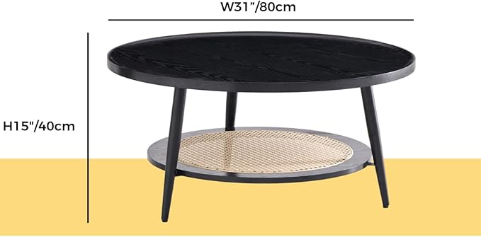 Saint Mossi Wood and Rattan Coffee Table for Living Room, Mid Century Modern Round Coffee Table, 2-Tier Boho Center Table for Small Space, Black Wood and Rattan Top, W31xH15