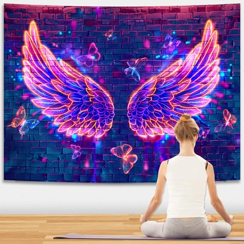 Manicer Blacklight Angel Wings Tapestry, UV Reactive Neon Wings Wall Hanging Tapestries, Fluorecent Butterfly Aesthetic Wa...
