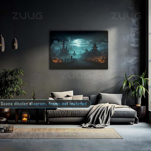 Fantasy horror Halloween canvas painting Gothic style fantasy dark haunted mansion wall decoration glowing pumpkin lantern twisted dead tree moonlight castle suitable for porch audio visual room