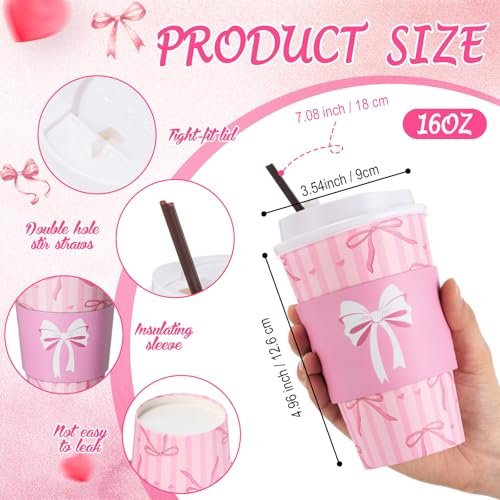 Jingmore 100 Set Pink Bow Coffee Cups with Lids, Straws and Sleeves Pink Bowknot Disposable Drinking Cup for Wedding Coque...