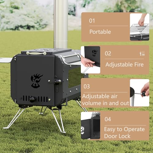 Cast Iron Portable Wood Burning Camping Stove, Compact Tent Stove with Chimney Pipe & View Glass for Ice Fishing, Hiking, ...