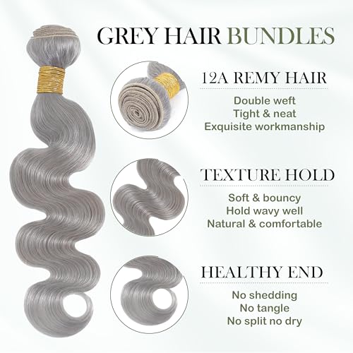 Silver Grey Body Wave Bundles Human Hair 24 Inch, Soft and Thick Short Single Bundle 100% Unprocessed 12A Remy Hair Lavender Gray Color Sew In Quick Weave Wavy