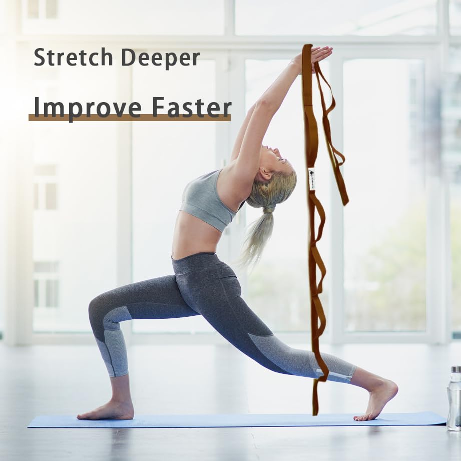 Stretching Strap Yoga Strap with Loops, Stretch Straps for Physical Therapy, Non-Elastic Exercise Strap for Pilates, Dance and Gymnastics with Workout Guide (Brown)