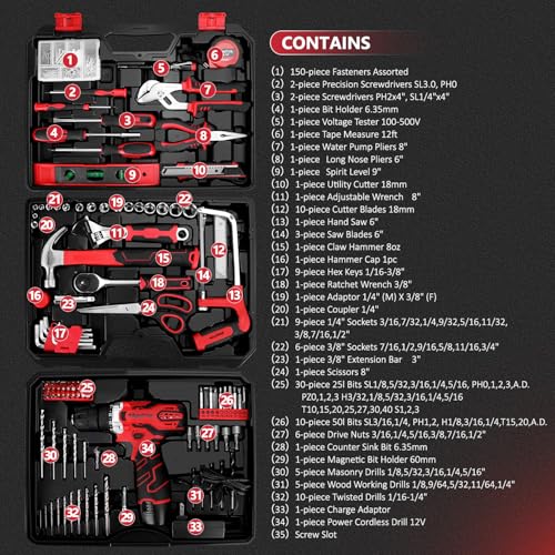 KingTool 276-Piece Tool Set Kit - Tool kit with 12V Cordless Power Drill Driver Toolbox Storage Case with Drawer, Drill Se...