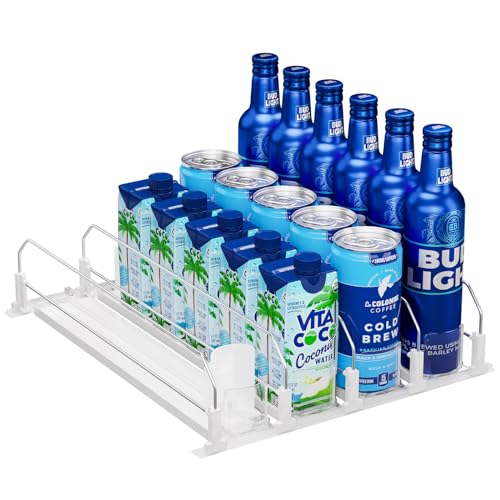 Puricon Drink Organizer for Fridge - Spring Loaded Pusher Glide, Self Pushing Soda Can Dispenser, Beer Bottle Beverage Hol...