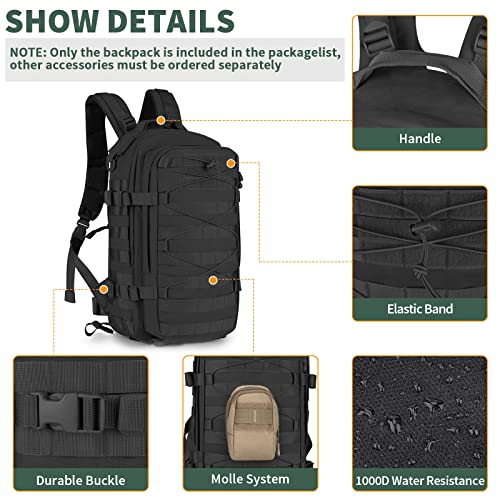 CamGo Military Tactical Backpack 25L MOLLE Hiking Daypack Trekking Rucksack Bug Out Bag for Daily Outdoor Sports(Black-25L)