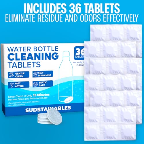 Sudstainables Water Bottle Cleaning Tablets – 36-Pack | Chlorine-Free & Odor-Control Formula | Water Bottle Cleaner, Flask...