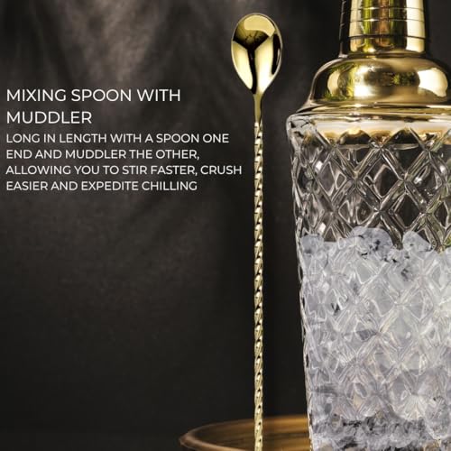 Glass Cocktail Shaker Set - 5 Piece - Gold Martini Shaker Set with Strainer, Jigger, Spoon & Muddler - 16 oz Drink Shakers...