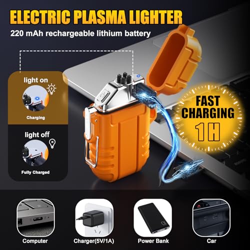 LcFun 3 Pack Waterproof Lighter Windproof Torch Lighters Butane Refillable, Electric Dual Arc Lighters USB Rechargeable Fl...