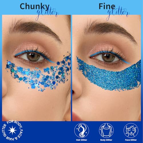 Teenitor Face Glitter, 2pcs Blue Body Glitter Gel, 20g/0.7oz Makeup Glitter for Face, Body, Eye, Hair Glitter Gel, Blue Gl...