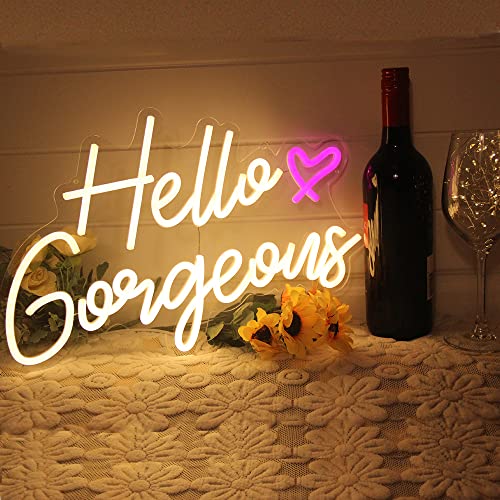 DAKABUKA Hello Gorgeous Neon Sign Hello Beautiful Warm White LED Neon Lights for Home Wedding Birthday Backdrop Bacelorett...