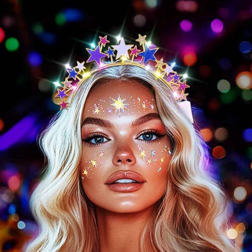 DRESBE Light Up Colorful Star Headband New Year LED Stars Headbands NYE Glow Party Hair Accessories for Women (Gold)