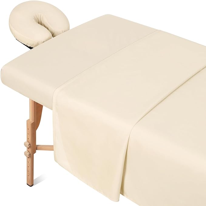 Comfyanno Massage Table Sheets Sets, 3 Pcs Professional Microfiber Massage Bed Cover Sheets, Soft, Light-Weight, Stain & Wrinkle Resistant, Includes Flat & Fitted Sheet, Face Cradle Cover - Natural