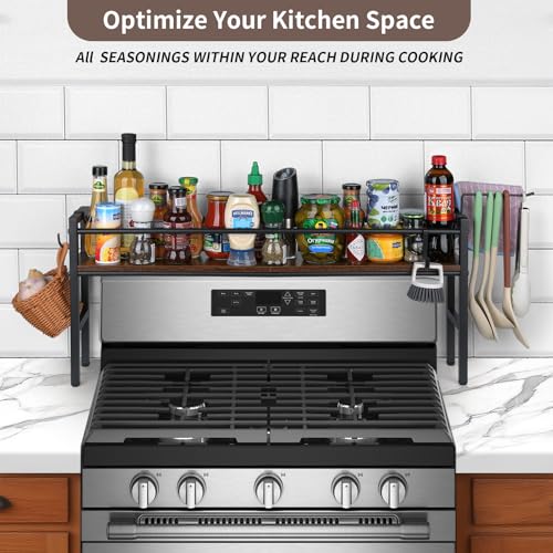 Meangood Spice Rack Shelf for Kitchen Stove, Over the Stove Shelf with 4 Hooks Extra Storage Countertop, Rustic Wood & Sol...