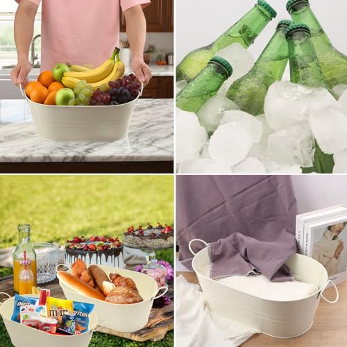 Biugaaufai 3 PCS 15.3 x 9 x 6 inches White Metal Galvanized Tub with Handles, 3 Gallon Galvanized Beverage Tubs for Partie...
