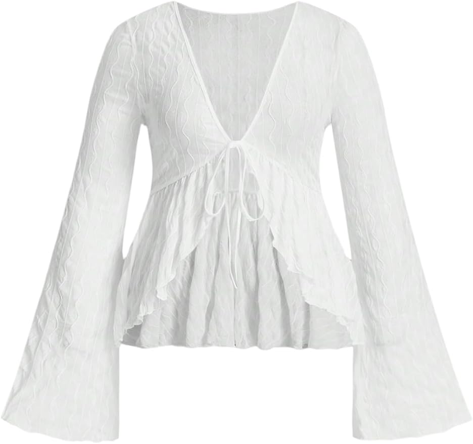 WDIRARA Women's Plus Size Sexy Sheer Mesh Tops Deep V Neck Bell Long Sleeve Tee Shirts